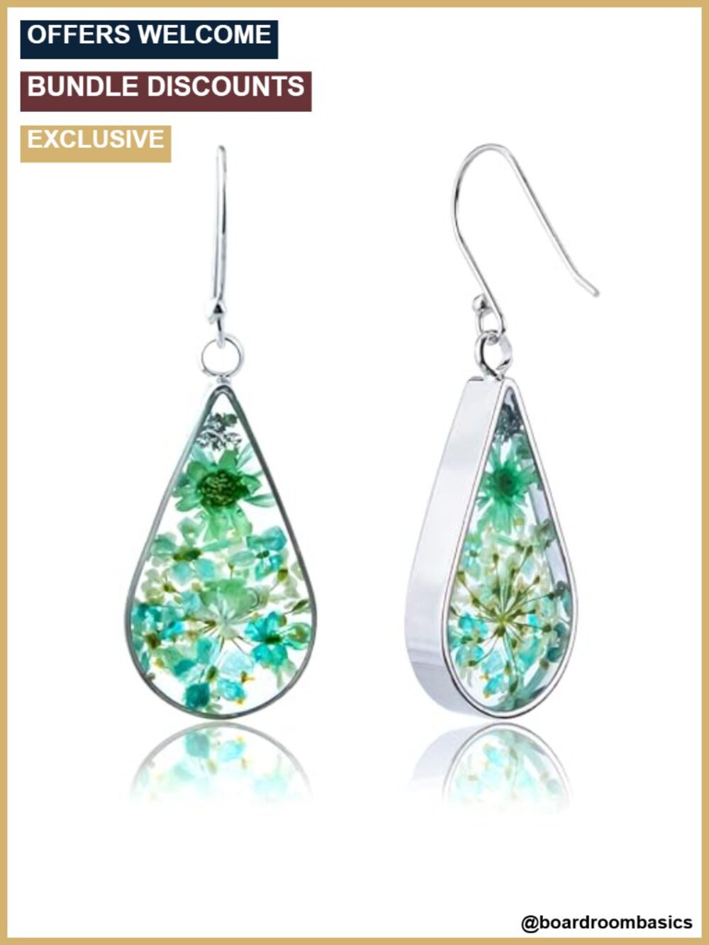 925 Sterling Silver Pressed Flower Teardrop Earrings Handmade Natural Dried